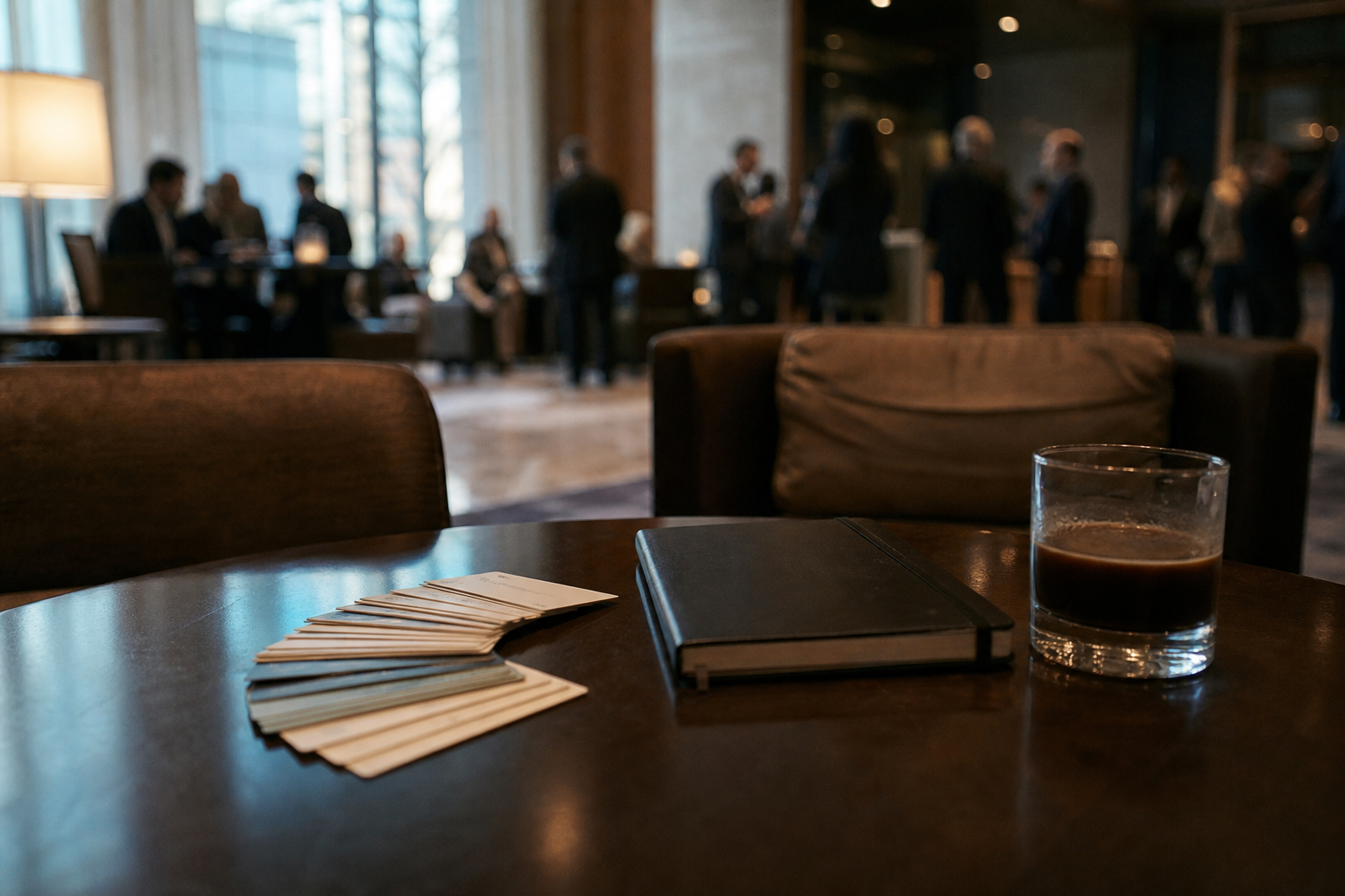 Business cards and a notebook on a hotel table after a conference